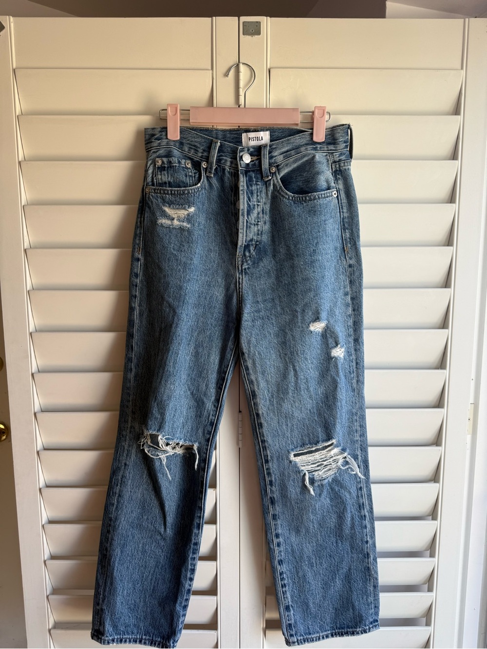 Pistola High-Rise Distressed Straight-Leg Jeans - Blue sz 25